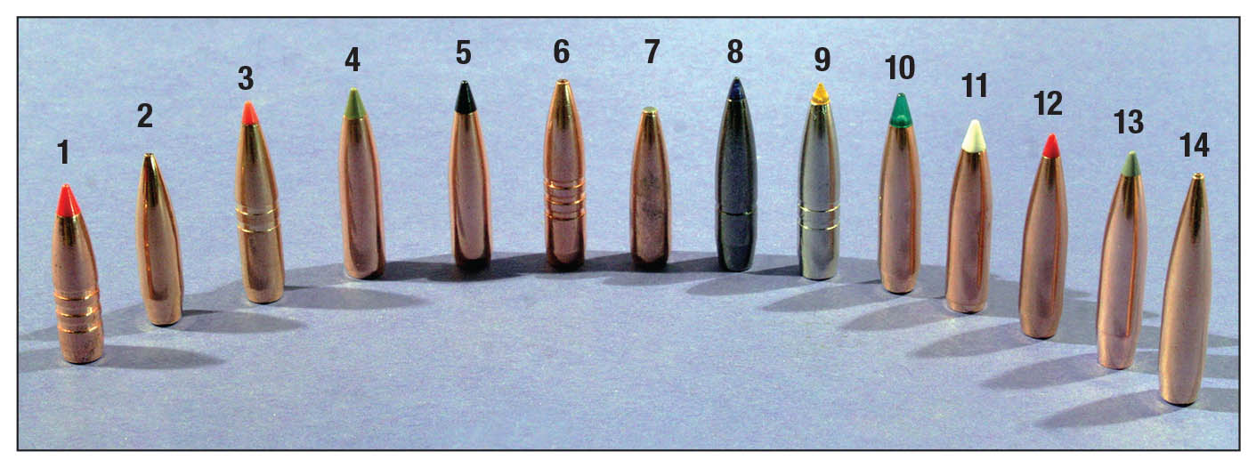 Bullets for the .270 Winchester vary from light, tough models for very high velocities to heavy, high-BC versions for less wind drift at longer ranges. These bullets include: 1) Barnes 110-grain TTSX, 2) Federal 130 Fusion, 3) Hornady 130 GMX, 4) Nosler 130 E-Tip, 5) Swift 130 Scirocco II, 6) Barnes 140 TSX, 7) Federal 130 Fusion, 8) Federal 136 Edge TLR, 9) Federal 140 Trophy Bonded Tip, 10) Sierra 140 Game-Changer, 11) Nosler 140 AccuBond, 12) Hornady 145 ELD-X, 13) Nosler 150 AccuBond Long Range and 14) Berger 170-grain Extreme Outer Limits Elite Hunter.